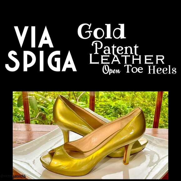 ▪️VIA SPIGA▪️Metallic Champagne Gold Patent Leather Italian Peep Toe Heels - Picture 1 of 14